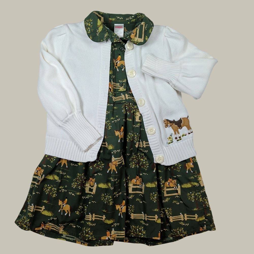 Vintage Gymboree Dress Cardigan Set Girls 5 Green Equestrian Club Horse Girl